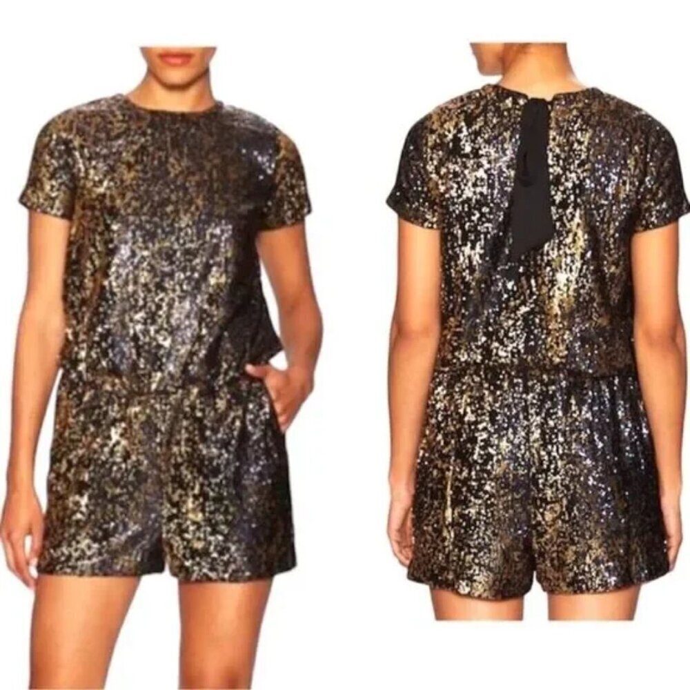 Shoshanna Sequin Zena Romper Size 6 Black Gold Party Cocktail New Years Glam